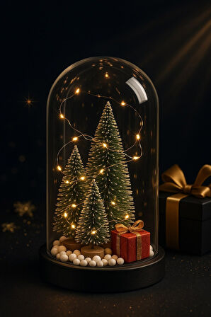 Yeni Yıl Ruhunu Yansıtan Led Işıklı 3 LÜ Yılbaşı Kar Efektli Çam Ağacı Hediye Paketi Temalı Fanus
