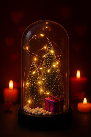 Yeni Yıl Ruhunu Yansıtan Led Işıklı 2 Li Yılbaşı Kar Efektli Çam Ağacı Hediye Paketi Temalı Fanus