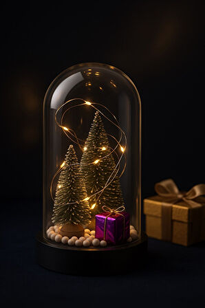 Yeni Yıl Ruhunu Yansıtan Led Işıklı 2 Li Yılbaşı Kar Efektli Çam Ağacı Hediye Paketi Temalı Fanus