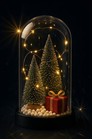 Yeni Yıl Ruhunu Yansıtan Led Işıklı 2 Li Yılbaşı Kar Efektli Çam Ağacı Hediye Paketi Temalı Fanus