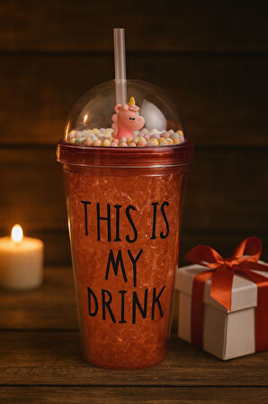 Cool Temalı Buzlu Cam Görünümlü Kırmızı Suluk Pipetli  450 ML Çift Katman Mika Su Şişesi 2742