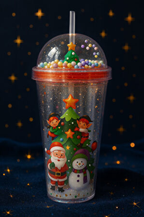 Noel Baba & Yılbaşı Temalı Pipetli Suluk  450 ML Çift Katman Mika Su Şişesi 2768