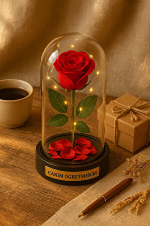 Canım Öğretmenim Temalı  Öğretmene Hediye Led Işıklı Mika Fanus Kırmızı Yapma Solmayan Gül 