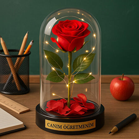 Canım Öğretmenim Temalı  Öğretmene Hediye Led Işıklı Mika Fanus Kırmızı Yapma Solmayan Gül 