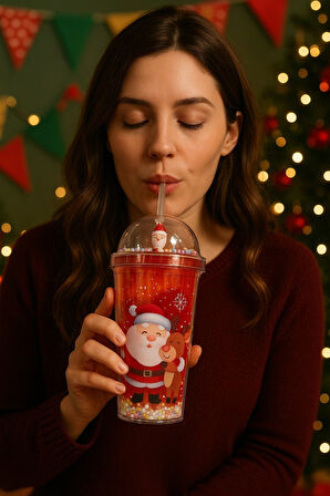 Kar Taneleri Altında Noel Baba ve Sevimli Geyik Desenli Renkli Pipetli Kupa Bardak Suluk 450ML 2768A