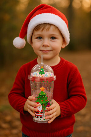 Noel Çam Ağacı Altında Noel Baba ve Kardan Adam Desenli Renkli Pipetli Kupa Bardak Suluk 450ML 2768B