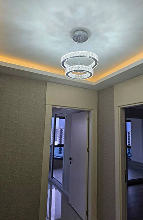 GN GEN AYDINLATMA Modern Gümüş Sarkıt Kristal Taşlı Üç Renk Led Ikili Avize 30-40 cm
