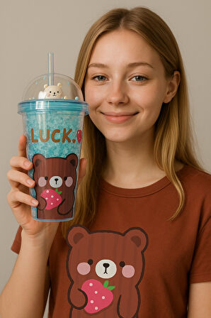 Çılgın Bear Suluk Pipetli Buzlu Cam Görünümlü 450 ML Çift Katman Mika Sevimli Suluk 2093 Mavi