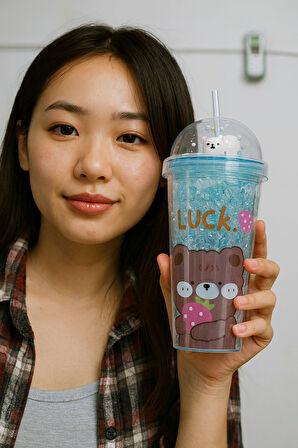 Çılgın Bear Suluk Pipetli Buzlu Cam Görünümlü 450 ML Çift Katman Mika Sevimli Suluk 2093 Mavi