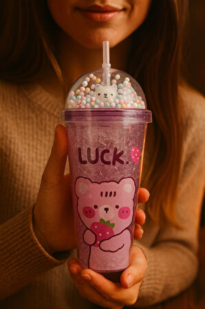 Çılgın Bear Suluk Pipetli Buzlu Cam Görünümlü 450 ML Çift Katman Mika Sevimli Suluk 2093 Mor