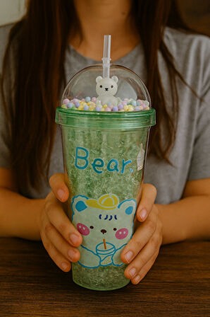 Çılgın Bear Suluk Pipetli Buzlu Cam Görünümlü 450 ML Çift Katman Sevimli Mika Suluk 2093 Yeşil