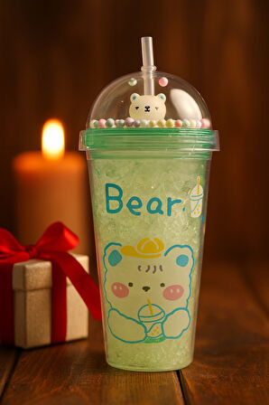 Çılgın Bear Suluk Pipetli Buzlu Cam Görünümlü 450 ML Çift Katman Sevimli Mika Suluk 2093 Yeşil