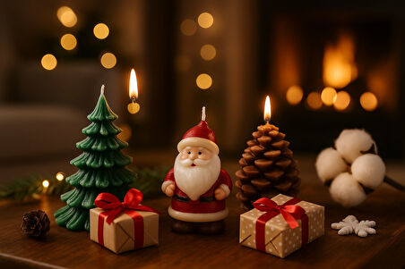 3’lü Yılbaşı Dekoratif Mum Seti – Çam Ağacı, Kozalak ve Noel Baba Şeklinde | Yeni Yıl Sofra Mumu 