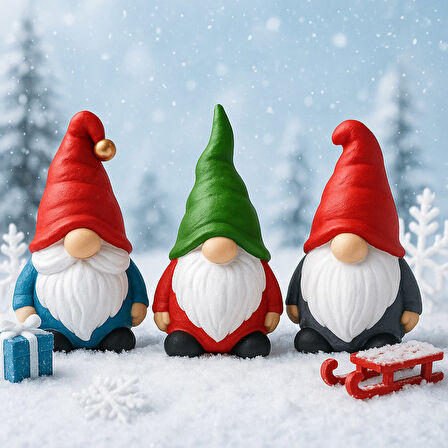 3 lü Set Noel Cüceleri El Boyama Biblo 13 Cm – Premium Yılbaşı Dekor Koleksiyonluk Hediye