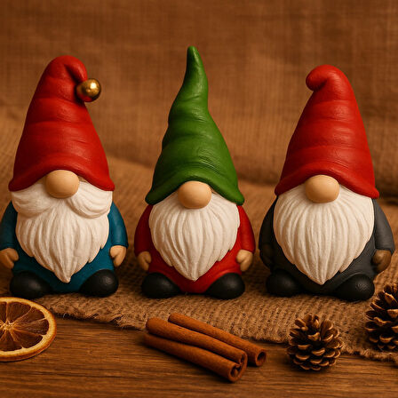 3 lü Set Noel Cüceleri El Boyama Biblo 13 Cm – Premium Yılbaşı Dekor Koleksiyonluk Hediye