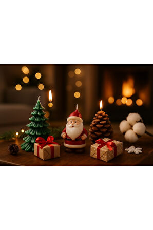 3’lü Yılbaşı Temalı Masa ve Ev Dekoru Noel Baba Kozalak ve Çam Ağacı Temalı Mum Yılbaşı Hediye Seti