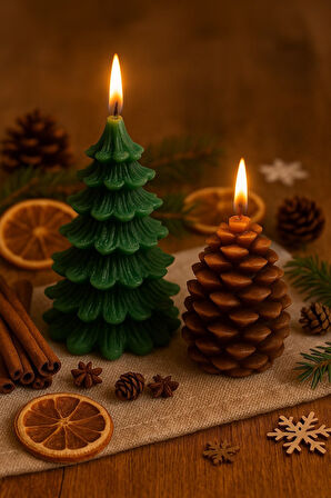 2’li Yılbaşı Temalı Masa ve Ev Dekoru Kozalak ve Çam Ağacı Temalı Doğal Mum Yılbaşı Hediye Seti