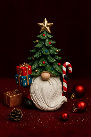 Noel Baba Sakallı Çam Ağacı Figürlü Yılbaşı Christmas El Yapımı Süs Polyester Hediye Biblo 19 Cm