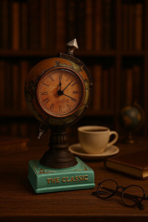 Prestij Serisi Dünya Küre Tasarımlı Polyester Masa Saati – Ofis ve Ev İçin Şık Antika Model 19 cm-Y