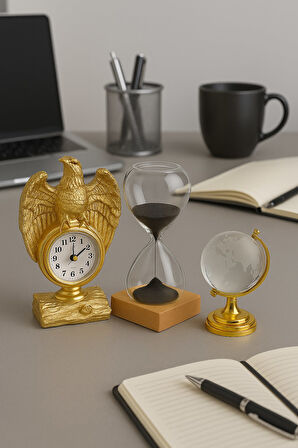 3 Lü Masa Üstü Premium Set – Kartal Biblo Saat, Kum Saati, Cam Dünya Küre Dekoratif Ofis Hediyesi
