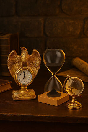 3 Lü Masa Üstü Premium Set – Kartal Biblo Saat, Kum Saati, Cam Dünya Küre Dekoratif Ofis Hediyesi