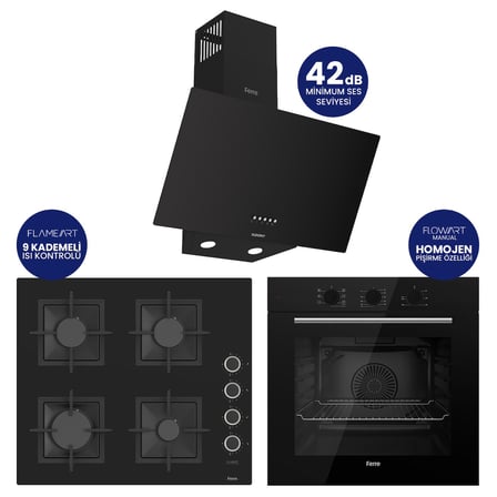 Flowart Turbolu Siyah Cam Ankastre Set ( Kaymaz Döküm Izgara ) QBL62CS - SC205 - D086SA