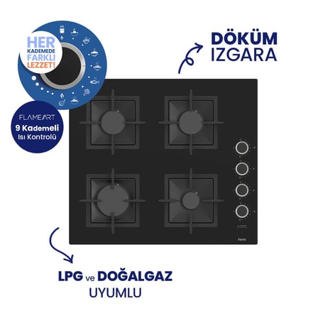 Flowart Turbolu Siyah Cam Ankastre Set ( Kaymaz Döküm Izgara ) QBL62CS - SC205 - D086SA