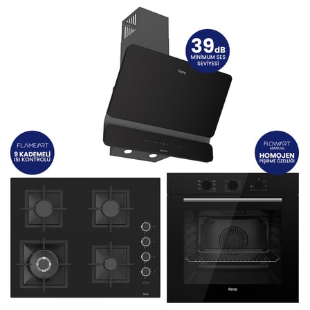 Flowart Turbolu Amörtisörlü Silenart Siyah Cam Ankastre Set ( 65 CM Woklu OCAK ) QBL62CS - SC405 - D