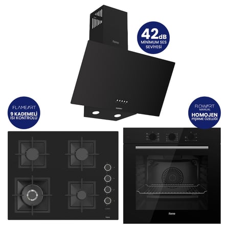 Flowart Turbolu Siyah Cam Ankastre Set ( 65 CM Woklu OCAK ) QBL62CS - SC405 - D086SA