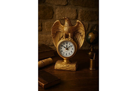 Çalışma Alanınıza Şıklık Katın Güçlü İhtişamlı Altın Renkli Kartal Heykeli Masa Saati Biblo 21x13 Cm
