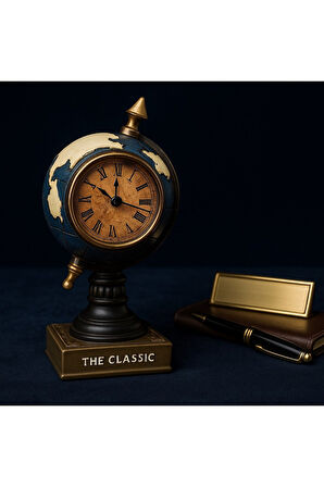 Çalışma Masanıza Klasik Asil Tasarım Nostaljik Masa Saati Biblosu Dünya Küresi Antika Saat 19 Cm-M