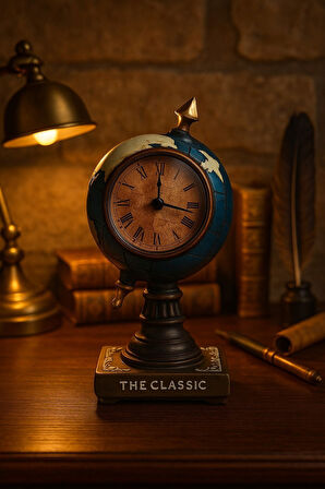 Çalışma Masanıza Klasik Asil Tasarım Nostaljik Masa Saati Biblosu Dünya Küresi Antika Saat 19 Cm-M