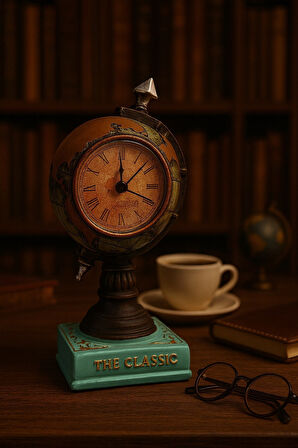 Nostaljik Klasik Prestijli Çalışma Masanıza Masa Saati Biblosu Dünya Küresi Antika Saat 19 Cm-Y