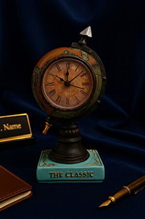 Nostaljik Klasik Prestijli Çalışma Masanıza Masa Saati Biblosu Dünya Küresi Antika Saat 19 Cm-Y