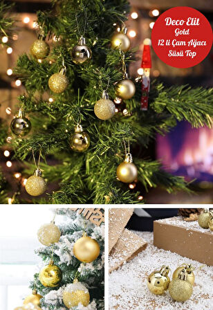 12’li Yılbaşı Çam Ağacı Süsü Seti – 4 cm Parlak & Simli Karışık Top Süsler Noel Çam Ağacı Süsü