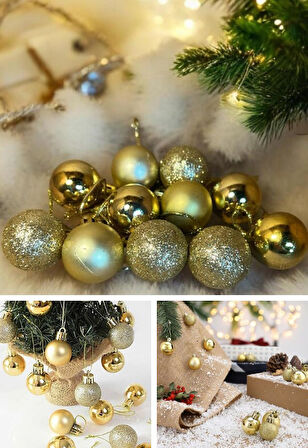 12’li Yılbaşı Çam Ağacı Süsü Seti – 4 cm Parlak & Simli Karışık Top Süsler Noel Çam Ağacı Süsü