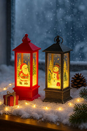 LED Işıklı Noel Feneri 2’li Set – Noel Baba & Kardan Adam Temalı Dekoratif Yılbaşı Lambası 14 Cm