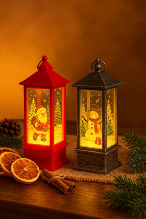 LED Işıklı Noel Feneri 2’li Set – Noel Baba & Kardan Adam Temalı Dekoratif Yılbaşı Lambası 14 Cm
