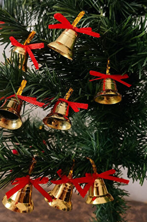 12 Adet Mini Çan Yılbaşı Çam Ağacı Süsü  3 cm Kırmızı Kurdeleli Gold Yılbaşı Çam Ağacı Süsü 