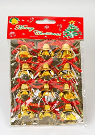 12 Adet Mini Çan Yılbaşı Çam Ağacı Süsü  3 cm Kırmızı Kurdeleli Gold Yılbaşı Çam Ağacı Süsü 