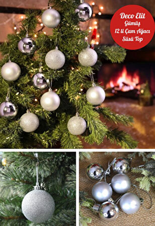 12’li Yılbaşı Çam Ağacı Süsü Gümüş – 4 cm Parlak & Simli Karışık Top Süsler Noel Çam Ağacı Süsü