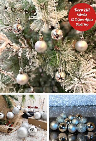 12’li Yılbaşı Çam Ağacı Süsü Gümüş – 4 cm Parlak & Simli Karışık Top Süsler Noel Çam Ağacı Süsü