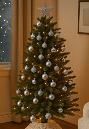 12’li Yılbaşı Çam Ağacı Süsü Gümüş – 4 cm Parlak & Simli Karışık Top Süsler Noel Çam Ağacı Süsü