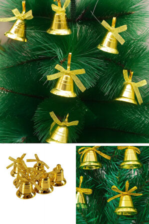 12 Adet Mini Çan Yılbaşı Çam Ağacı Süsü  3 cm Sarı Kurdeleli Gold Yılbaşı Çam Ağacı Süsü 
