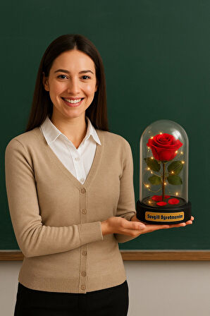 Fanusta Led Işıklı Sevgili Öğretmenim Temalı Biblo Öğretmenler Gününe Anlam Katan Özel Hediye 20 CM