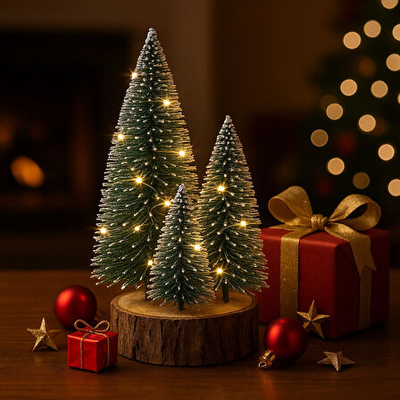 4'lü Led Işıklı Mini Yılbaşı Noel Ağaçları Seti – 4'lü Masa Üstü Dekor (23cm, 18 cm, 12 cm, 13 cm)