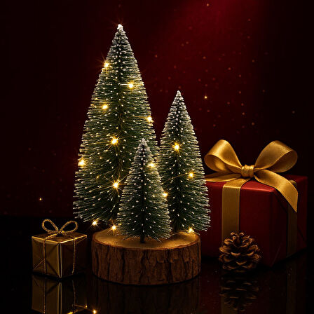 4'lü Led Işıklı Mini Yılbaşı Noel Ağaçları Seti – 4'lü Masa Üstü Dekor (23cm, 18 cm, 12 cm, 13 cm)