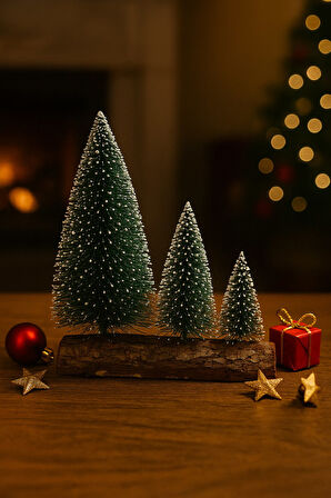 3’lü Mini Kar Efektli Yılbaşı Noel Ağaç Seti – Ahşap Kütük Üzeri Dekoratif Mini Çam Ağaçları (16 – 1