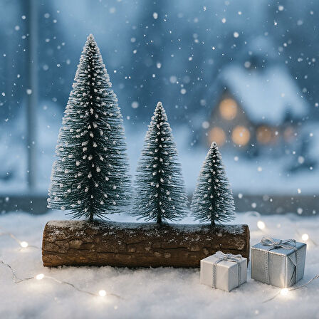 3’lü Mini Kar Efektli Yılbaşı Noel Ağaç Seti – Ahşap Kütük Üzeri Dekoratif Mini Çam Ağaçları (16 – 1