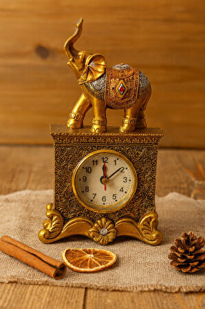 Dekoratif Gold Fil Figürlü Masa Saati – 19 cm | Şık Ev & Ofis Aksesuarı